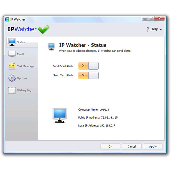 IP Watcher monitors public and local IP address. Email or text alert if changes
